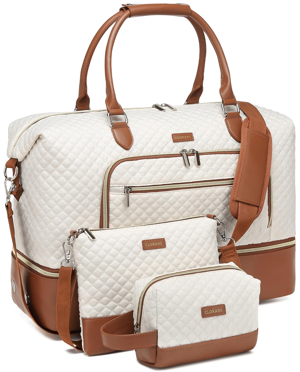 Weekender Bags for Women, Travel Tote Duffle Bag Carry On Overnight Bag with Cosmetics Bag and Crossbody Purse for Gym Hospital, Gifts for Women, Beige Brown