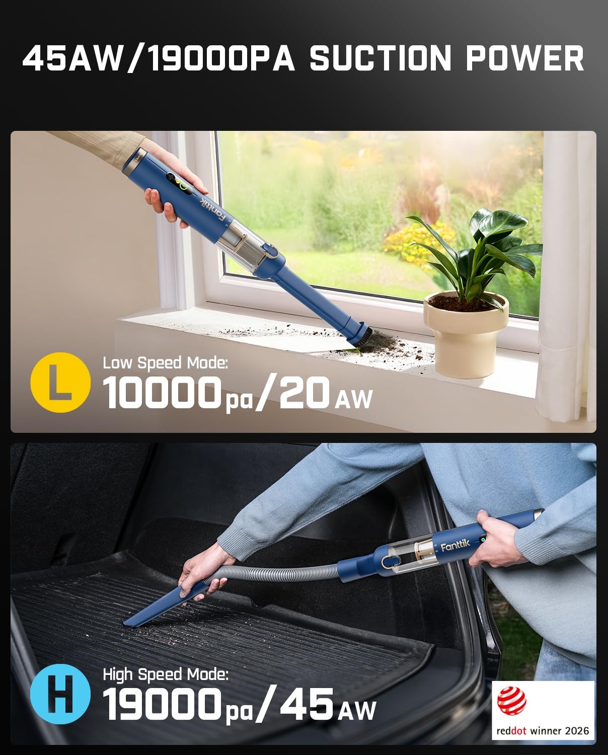 Fanttik Slim V10 APEX Cordless Car Vacuum, 4-in-1 Portable Mini Handheld Vac, 19kPa Suction Power, Upgraded Smart Digital Display, 2 Suction Modes for Small Jobs, Car, Office Desk, Keyboards (Black)