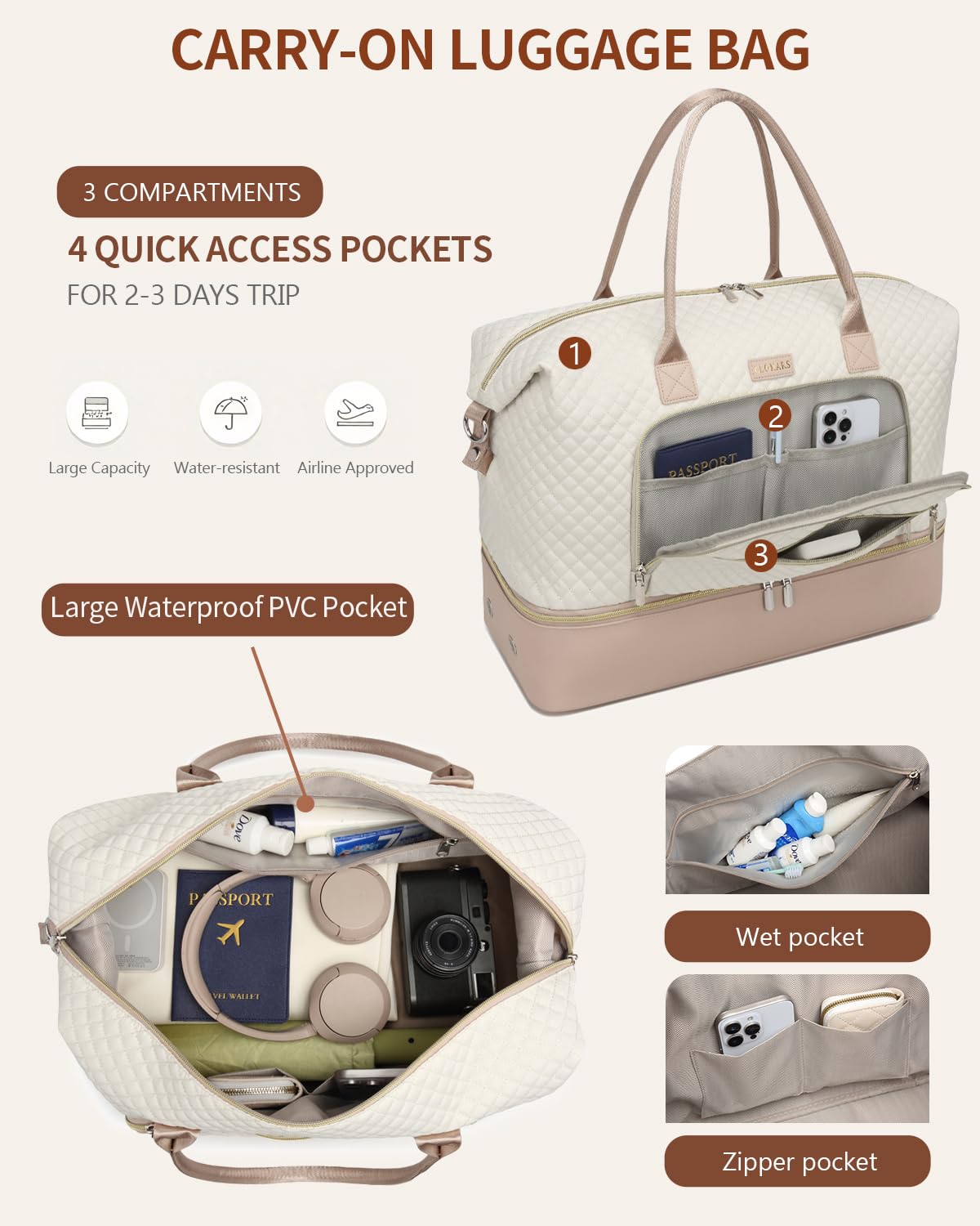 Weekender Bags for Women, Travel Tote Duffle Bag Carry On Overnight Bag with Cosmetics Bag and Crossbody Purse for Gym Hospital, Gifts for Women, Beige Brown
