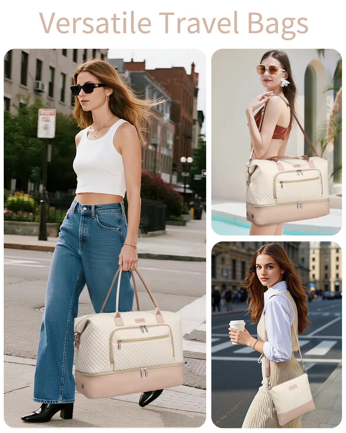Weekender Bags for Women, Travel Tote Duffle Bag Carry On Overnight Bag with Cosmetics Bag and Crossbody Purse for Gym Hospital, Gifts for Women, Beige Brown
