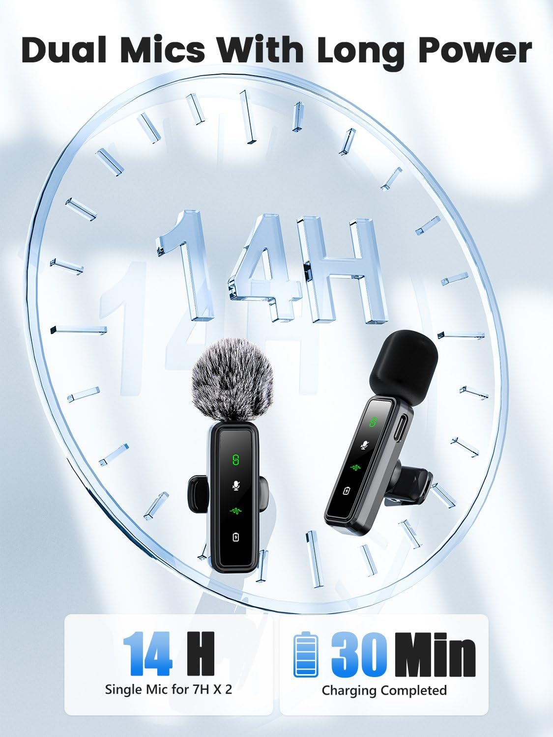 3 in 1 Wireless Lavalier Microphones for iPhone/Android/Camera, 2 Pack Mini Microphone LED Display Lapel Omnidirectional Mic with Mute/Reverb/Noise Reduction for TikTok/Podcast/Vlog Recording