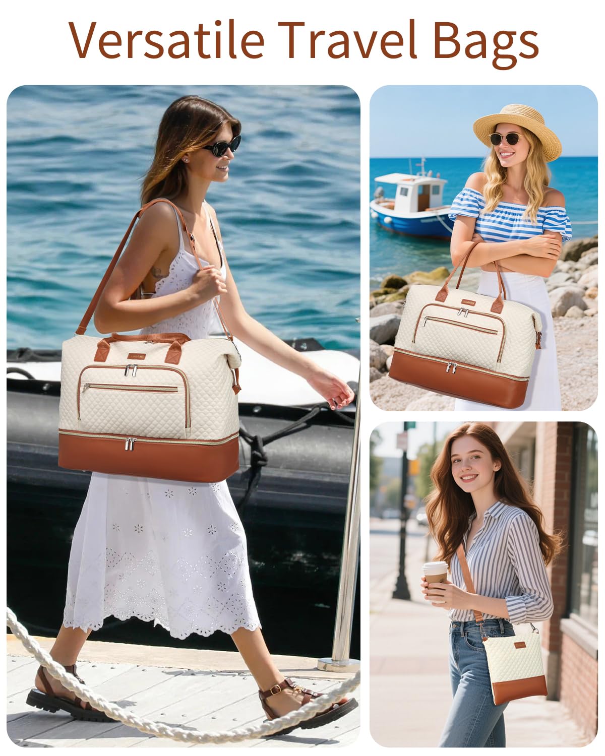 Weekender Bags for Women, Travel Tote Duffle Bag Carry On Overnight Bag with Cosmetics Bag and Crossbody Purse for Gym Hospital, Gifts for Women, Beige Brown