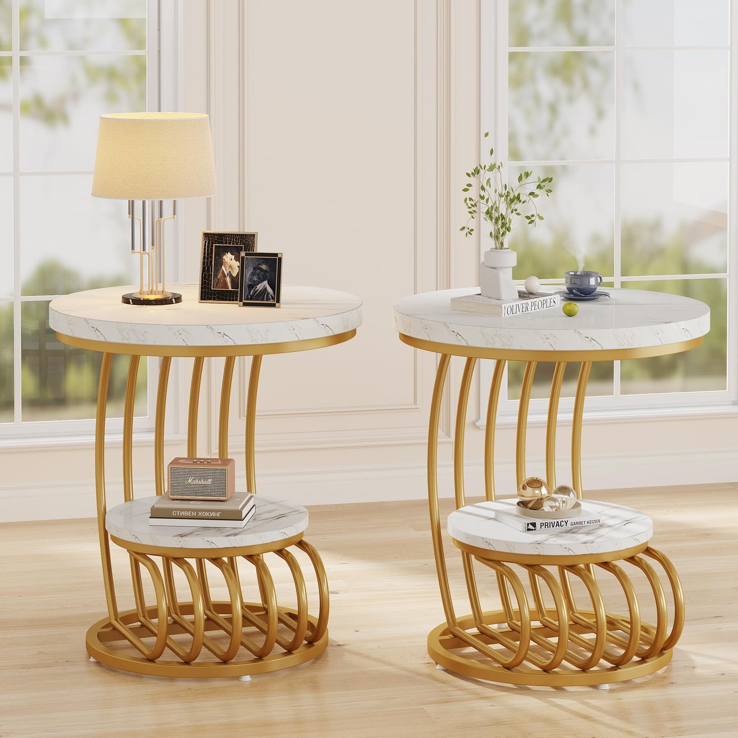 Tribesigns Round End Side Table: Side Table with 2 Tiers Storage Shelves, Vintage End Table for Living Room, Small Bedside Table Accent Table with Arc-Shaped Frame, Light Brown