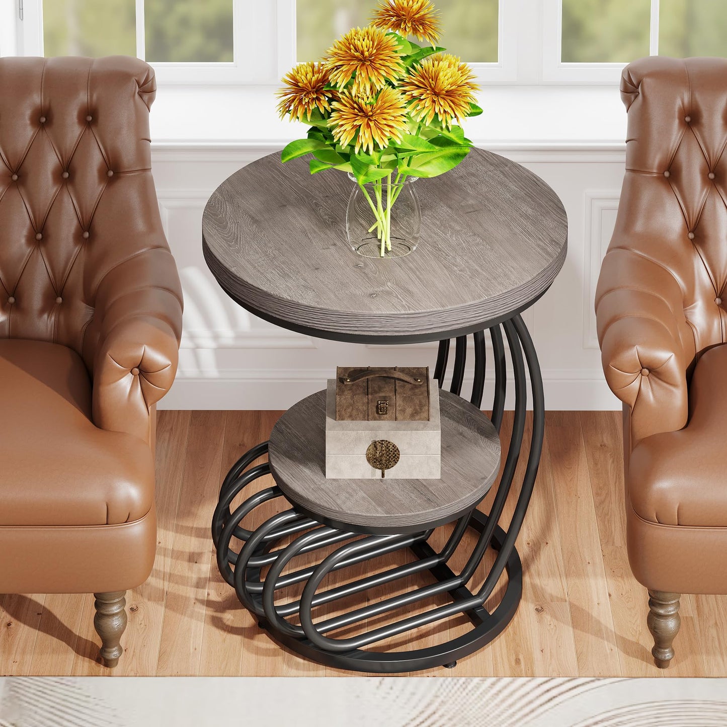 Tribesigns Round End Side Table: Side Table with 2 Tiers Storage Shelves, Vintage End Table for Living Room, Small Bedside Table Accent Table with Arc-Shaped Frame, Light Brown