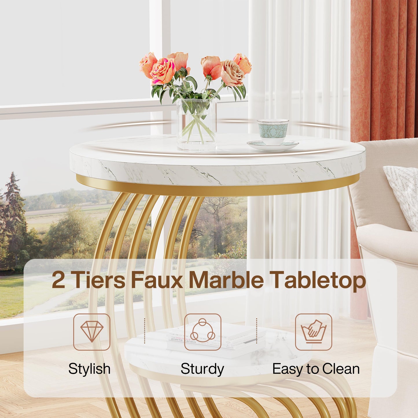 Tribesigns Round End Side Table: Side Table with 2 Tiers Storage Shelves, Vintage End Table for Living Room, Small Bedside Table Accent Table with Arc-Shaped Frame, Light Brown