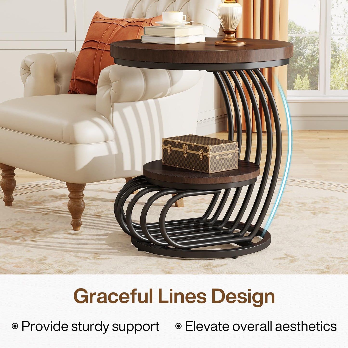 Tribesigns Round End Side Table: Side Table with 2 Tiers Storage Shelves, Vintage End Table for Living Room, Small Bedside Table Accent Table with Arc-Shaped Frame, Light Brown