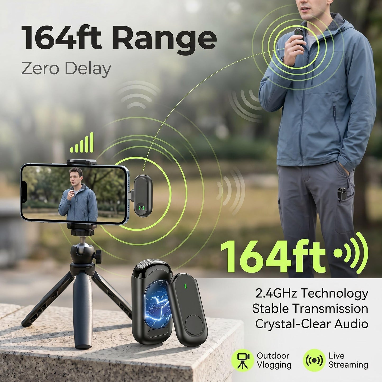 3 in 1 Wireless Lavalier Microphones for iPhone/Android/Camera, 2 Pack Mini Microphone LED Display Lapel Omnidirectional Mic with Mute/Reverb/Noise Reduction for TikTok/Podcast/Vlog Recording