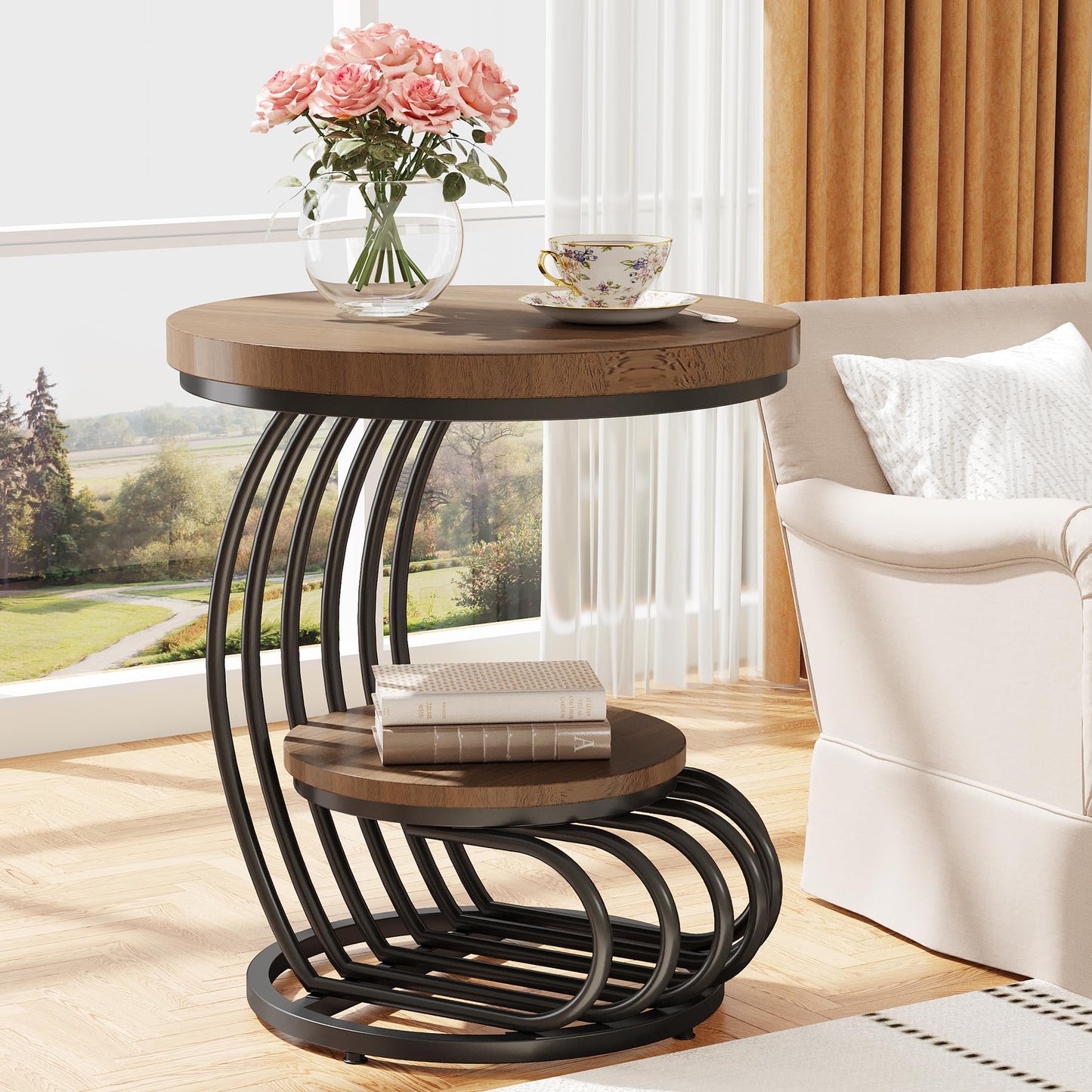 Tribesigns Round End Side Table: Side Table with 2 Tiers Storage Shelves, Vintage End Table for Living Room, Small Bedside Table Accent Table with Arc-Shaped Frame, Light Brown