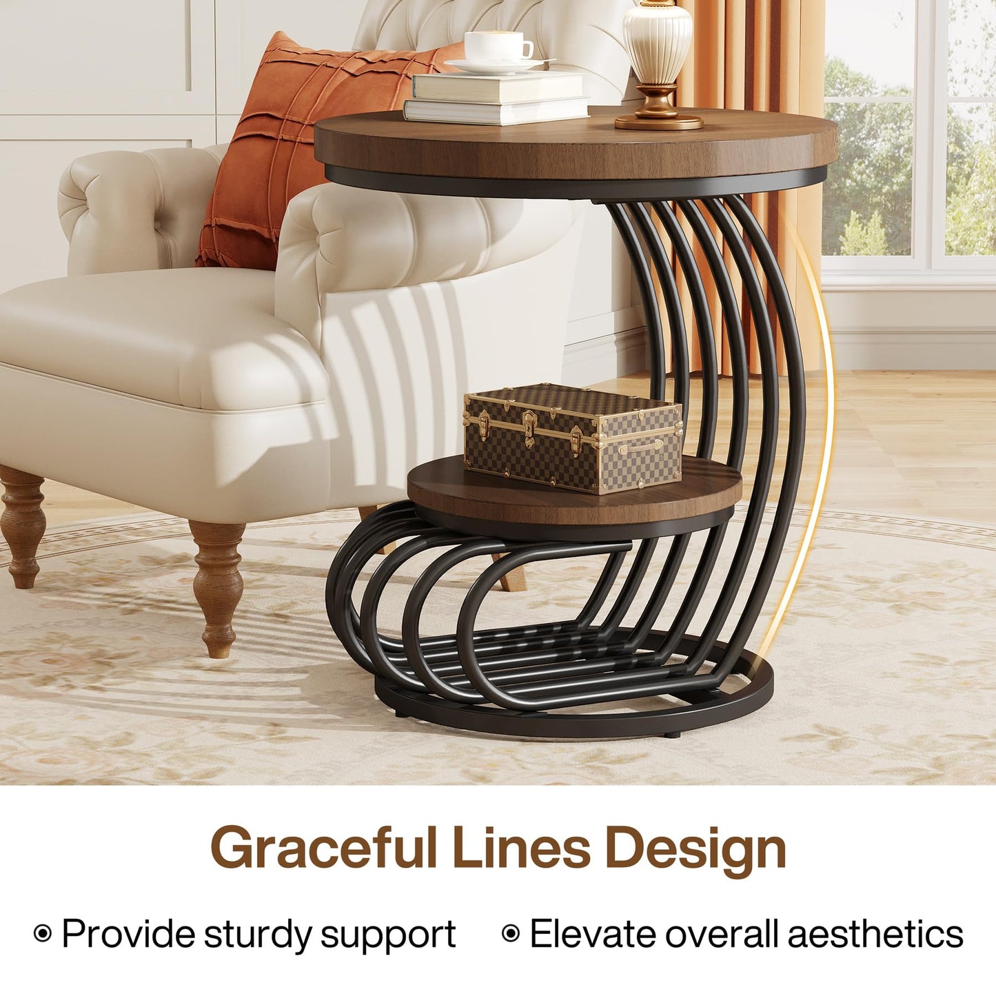 Tribesigns Round End Side Table: Side Table with 2 Tiers Storage Shelves, Vintage End Table for Living Room, Small Bedside Table Accent Table with Arc-Shaped Frame, Light Brown