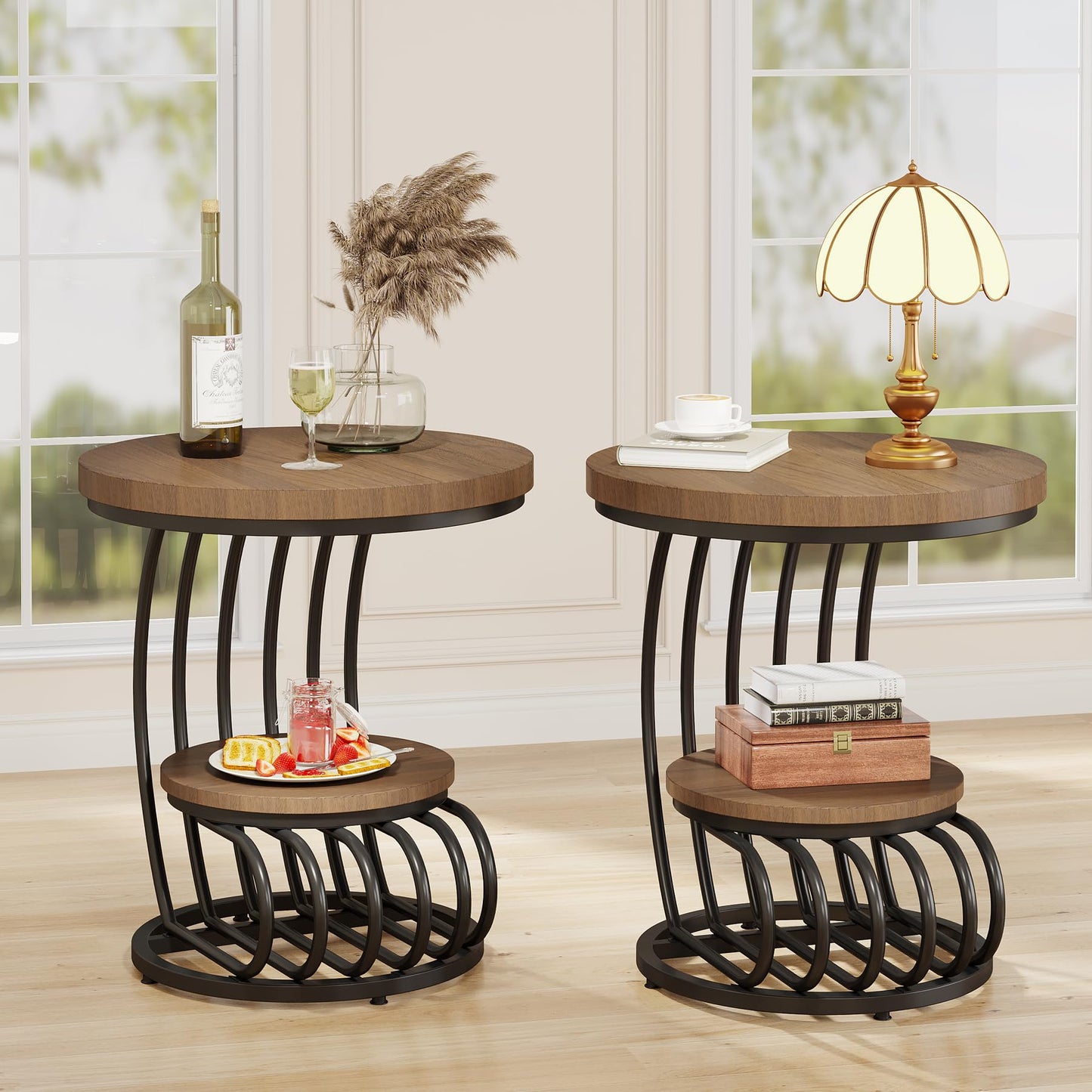 Tribesigns Round End Side Table: Side Table with 2 Tiers Storage Shelves, Vintage End Table for Living Room, Small Bedside Table Accent Table with Arc-Shaped Frame, Light Brown