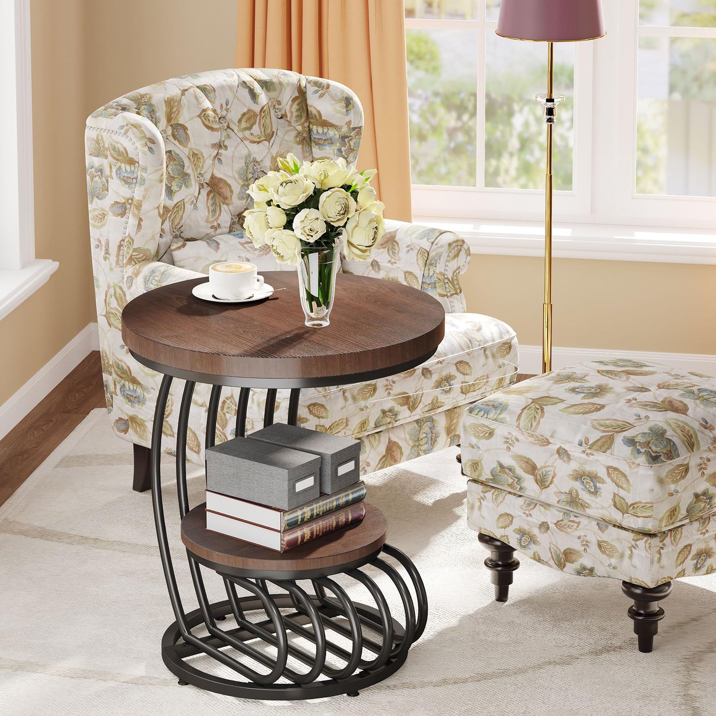 Tribesigns Round End Side Table: Side Table with 2 Tiers Storage Shelves, Vintage End Table for Living Room, Small Bedside Table Accent Table with Arc-Shaped Frame, Light Brown