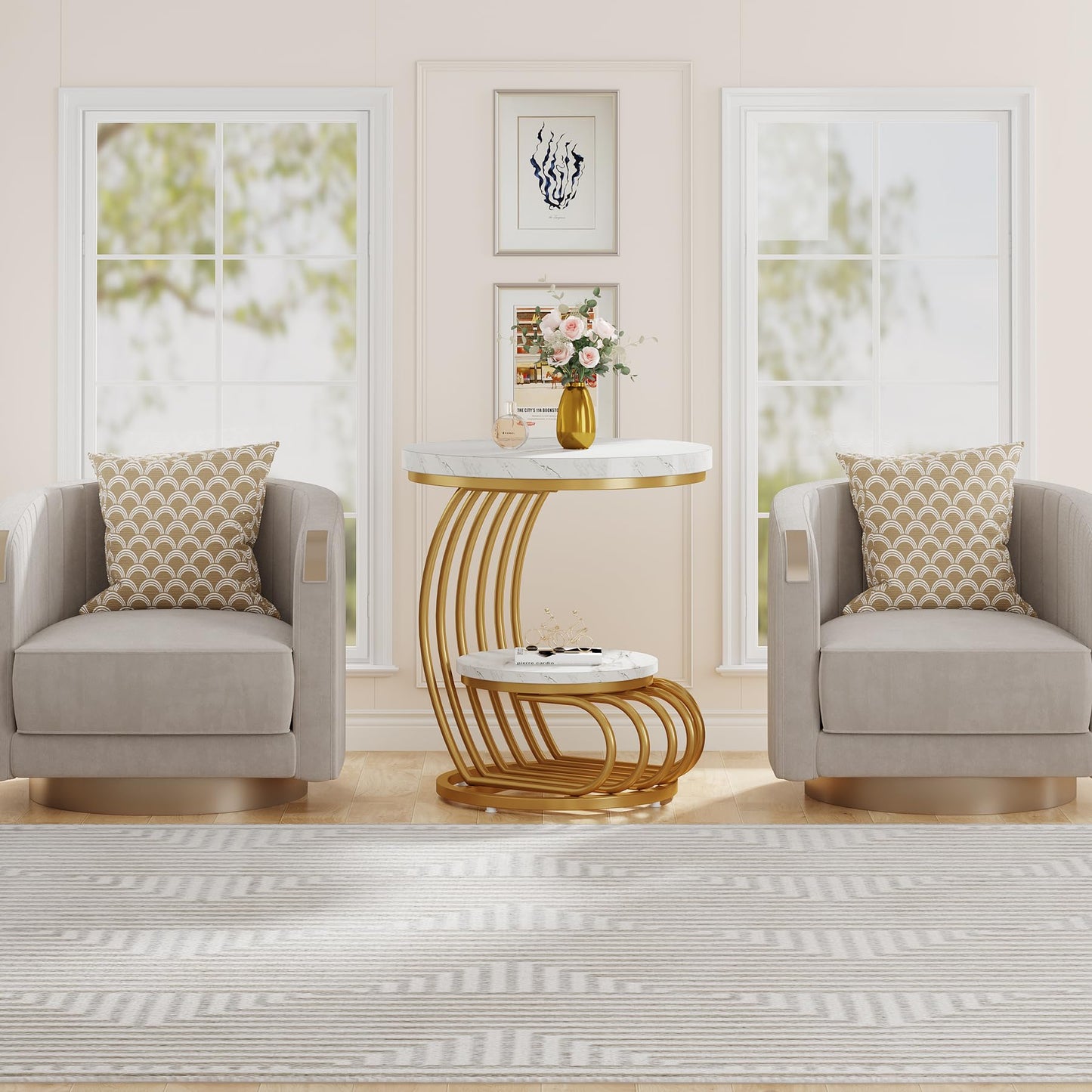 Tribesigns Round End Side Table: Side Table with 2 Tiers Storage Shelves, Vintage End Table for Living Room, Small Bedside Table Accent Table with Arc-Shaped Frame, Light Brown