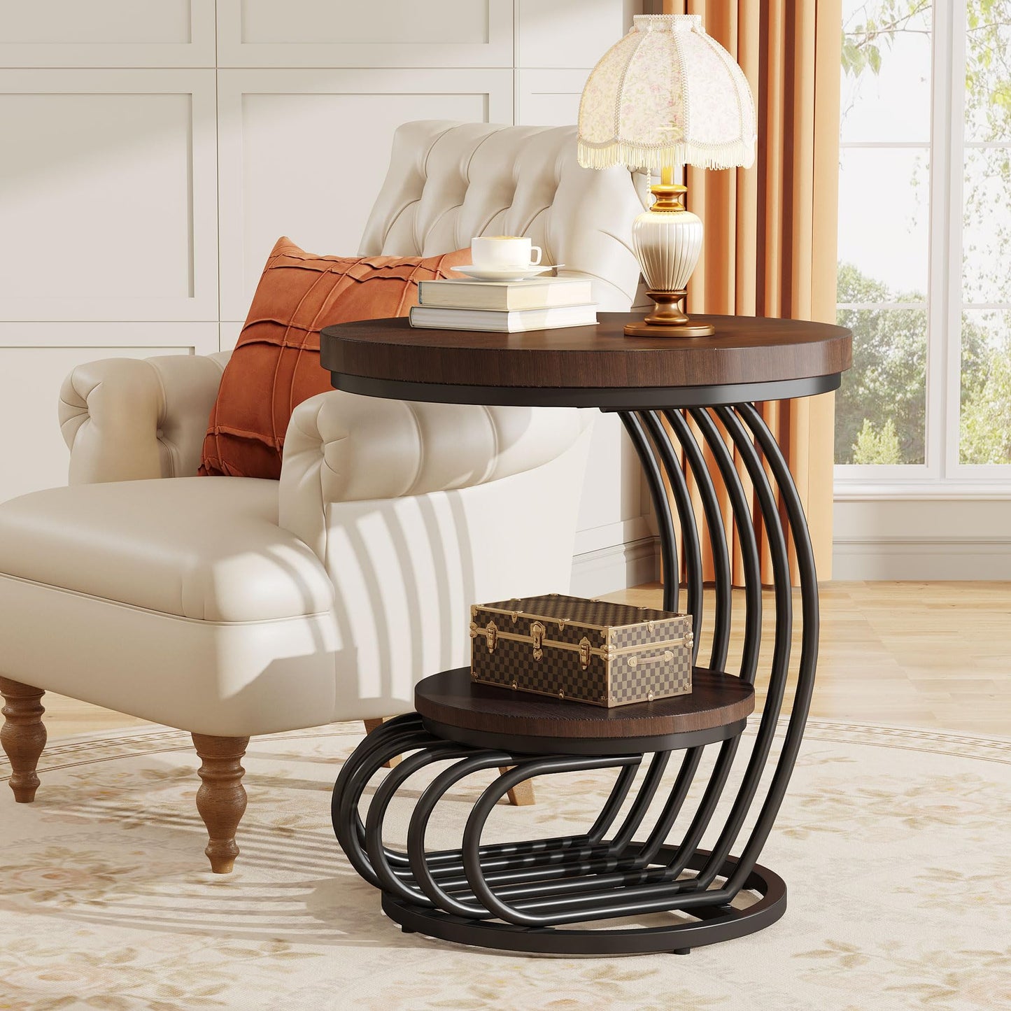 Tribesigns Round End Side Table: Side Table with 2 Tiers Storage Shelves, Vintage End Table for Living Room, Small Bedside Table Accent Table with Arc-Shaped Frame, Light Brown
