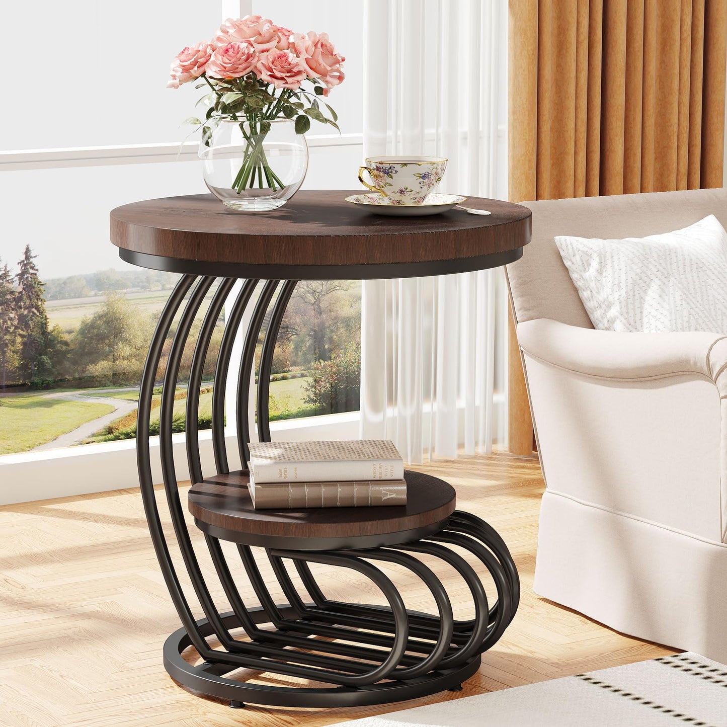 Tribesigns Round End Side Table: Side Table with 2 Tiers Storage Shelves, Vintage End Table for Living Room, Small Bedside Table Accent Table with Arc-Shaped Frame, Light Brown