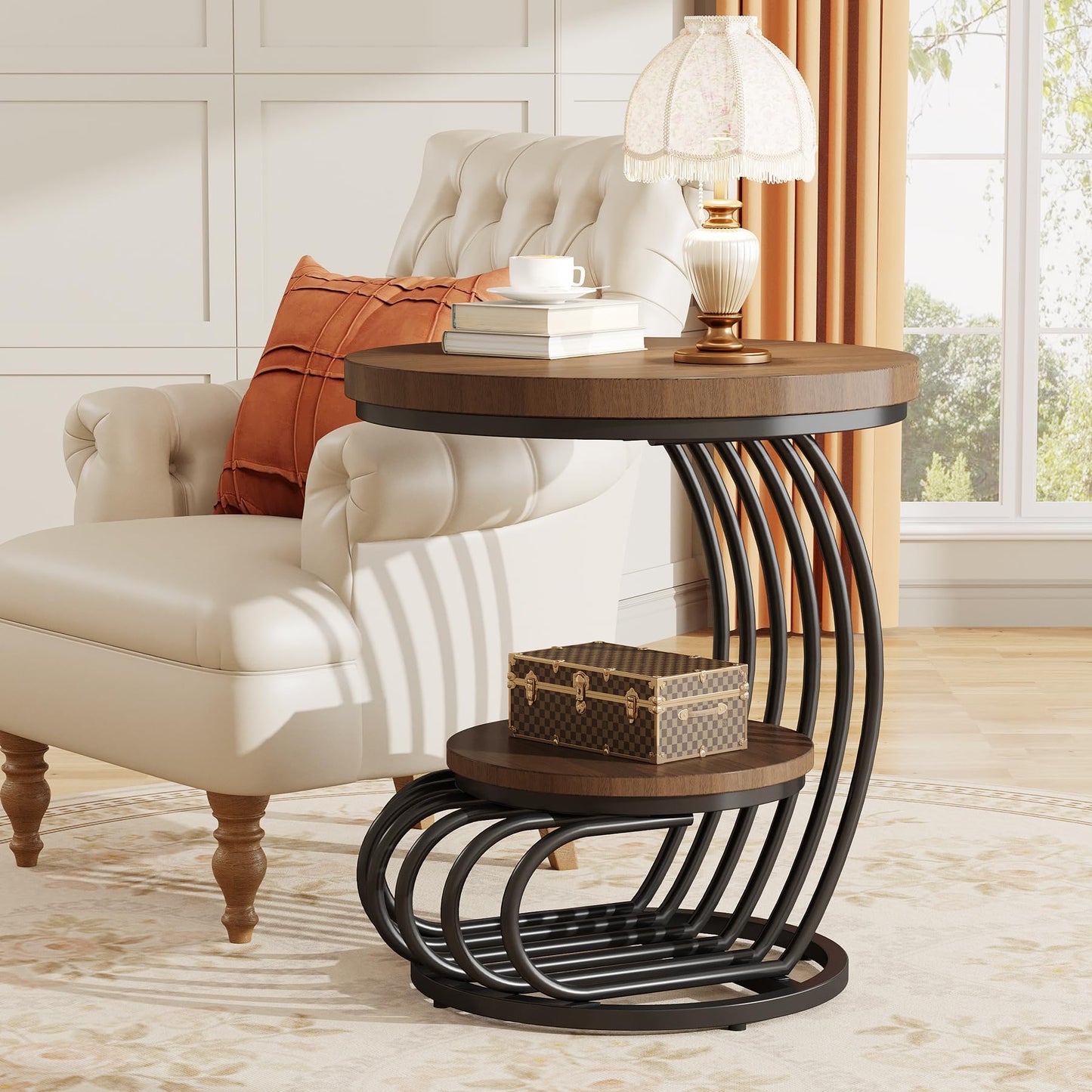 Tribesigns Round End Side Table: Side Table with 2 Tiers Storage Shelves, Vintage End Table for Living Room, Small Bedside Table Accent Table with Arc-Shaped Frame, Light Brown