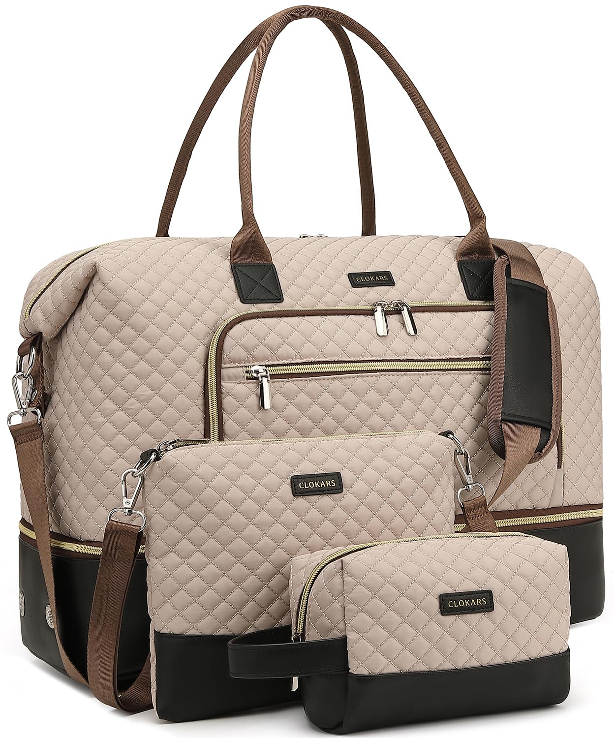 Weekender Bags for Women, Travel Tote Duffle Bag Carry On Overnight Bag with Cosmetics Bag and Crossbody Purse for Gym Hospital, Gifts for Women, Beige Brown
