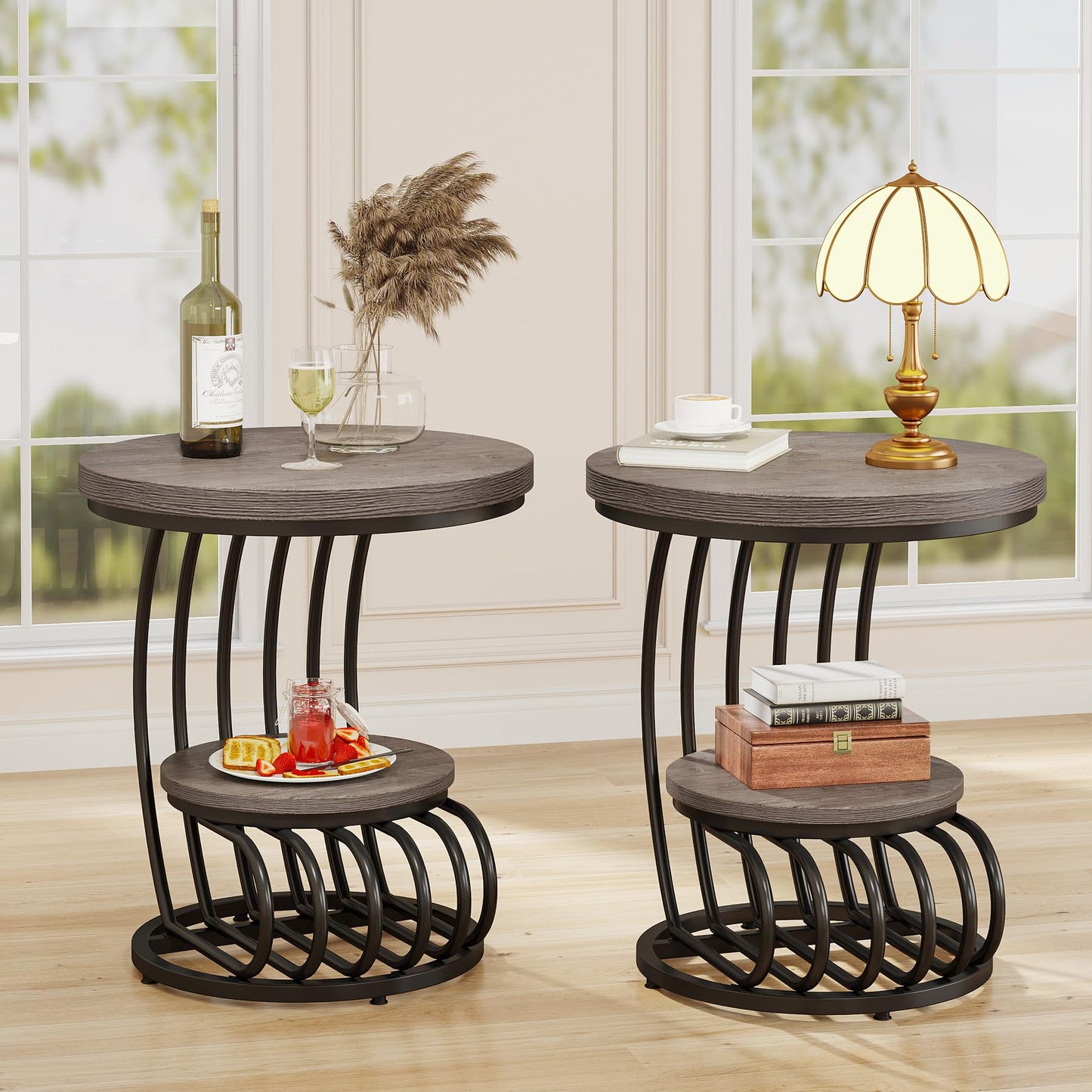 Tribesigns Round End Side Table: Side Table with 2 Tiers Storage Shelves, Vintage End Table for Living Room, Small Bedside Table Accent Table with Arc-Shaped Frame, Light Brown