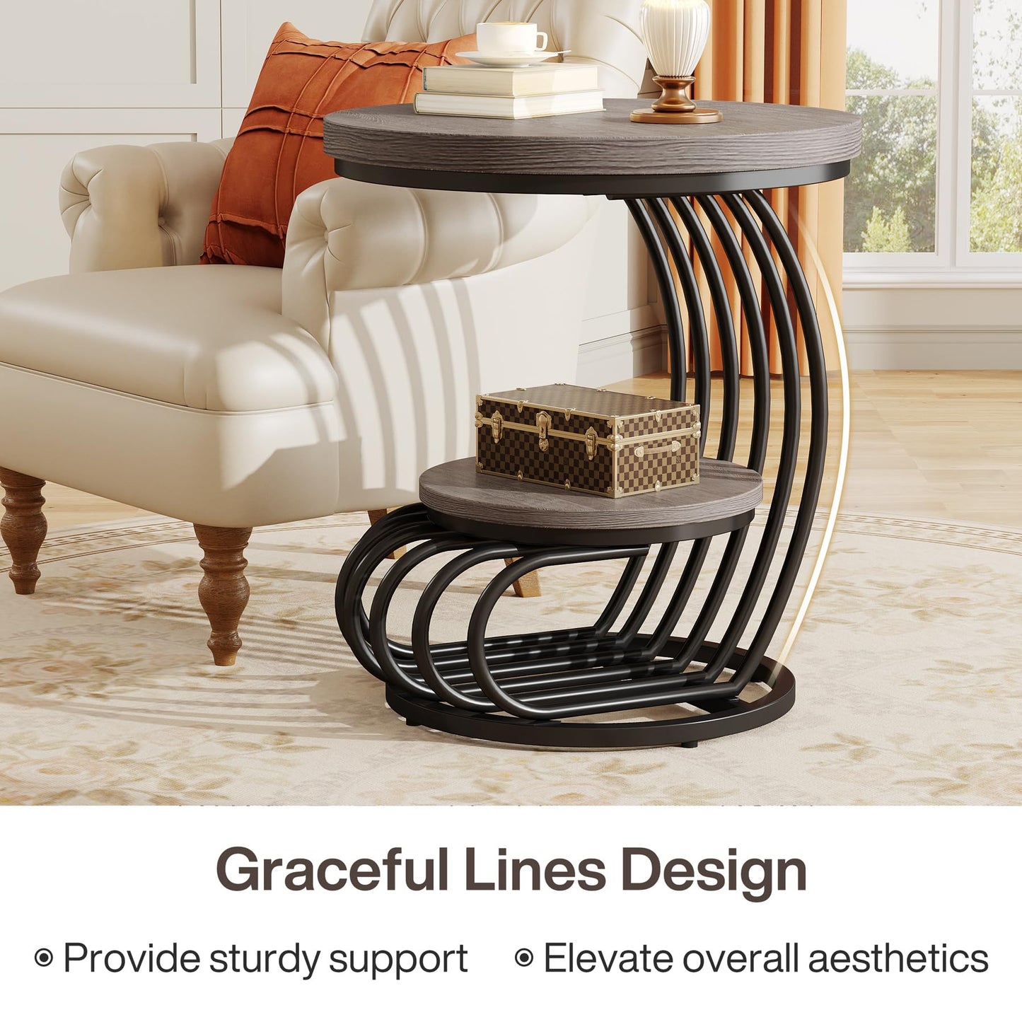 Tribesigns Round End Side Table: Side Table with 2 Tiers Storage Shelves, Vintage End Table for Living Room, Small Bedside Table Accent Table with Arc-Shaped Frame, Light Brown
