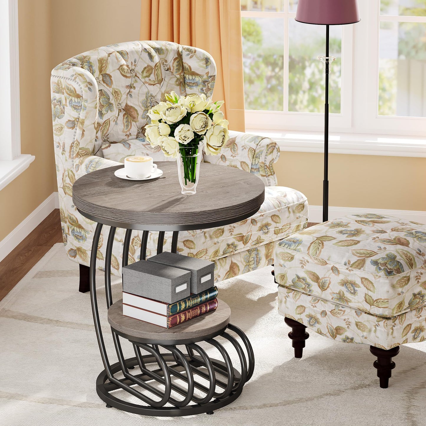 Tribesigns Round End Side Table: Side Table with 2 Tiers Storage Shelves, Vintage End Table for Living Room, Small Bedside Table Accent Table with Arc-Shaped Frame, Light Brown