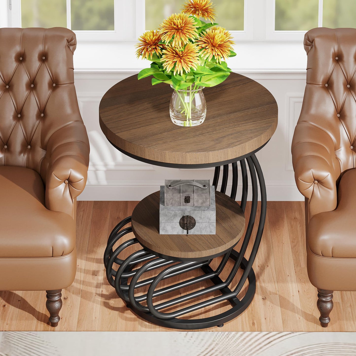 Tribesigns Round End Side Table: Side Table with 2 Tiers Storage Shelves, Vintage End Table for Living Room, Small Bedside Table Accent Table with Arc-Shaped Frame, Light Brown