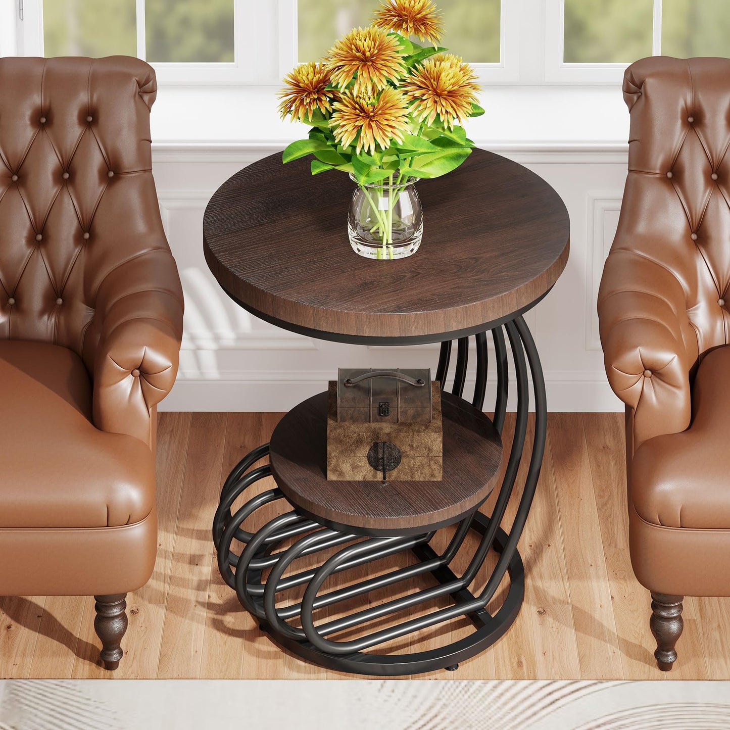 Tribesigns Round End Side Table: Side Table with 2 Tiers Storage Shelves, Vintage End Table for Living Room, Small Bedside Table Accent Table with Arc-Shaped Frame, Light Brown