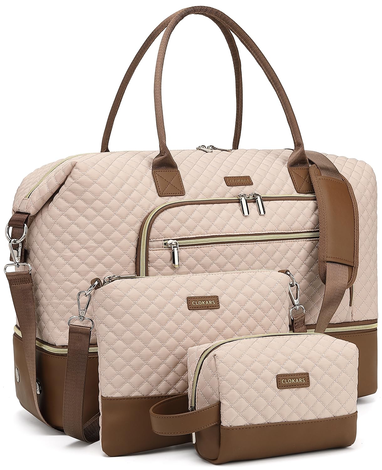 Weekender Bags for Women, Travel Tote Duffle Bag Carry On Overnight Bag with Cosmetics Bag and Crossbody Purse for Gym Hospital, Gifts for Women, Beige Brown