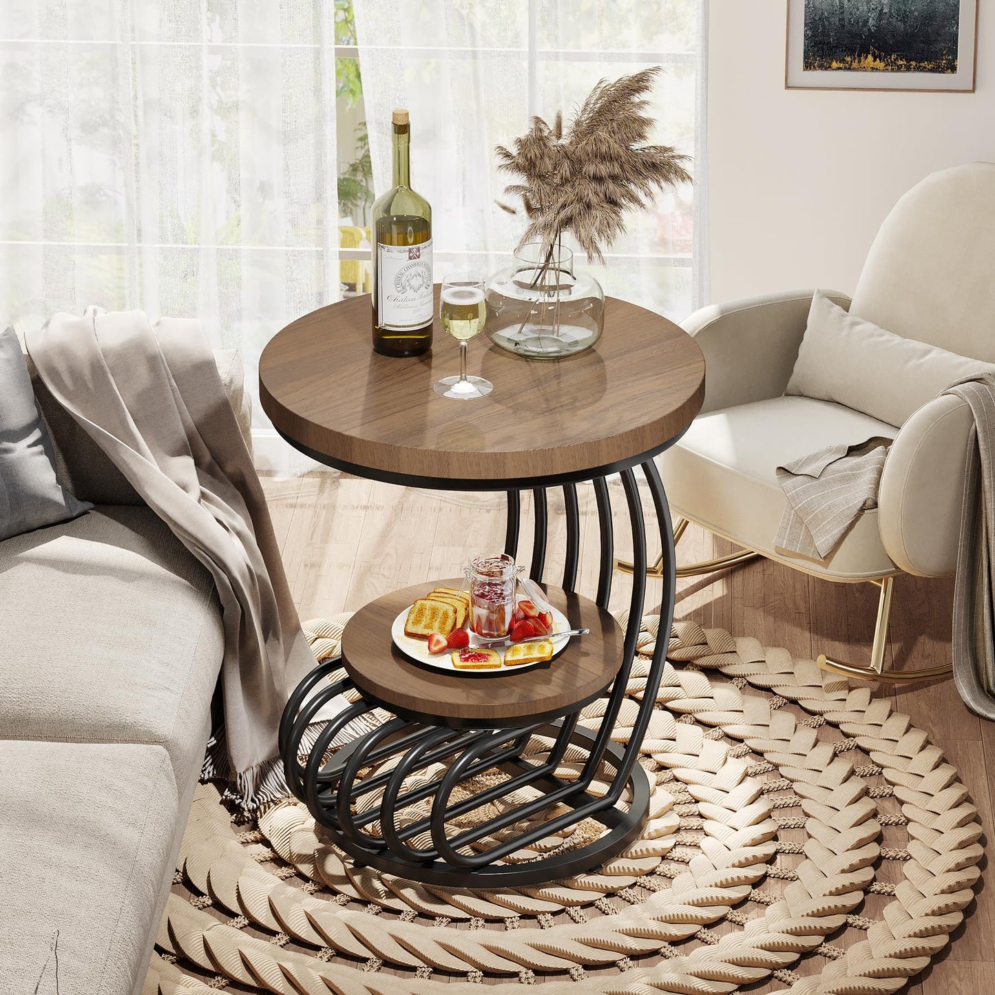 Tribesigns Round End Side Table: Side Table with 2 Tiers Storage Shelves, Vintage End Table for Living Room, Small Bedside Table Accent Table with Arc-Shaped Frame, Light Brown