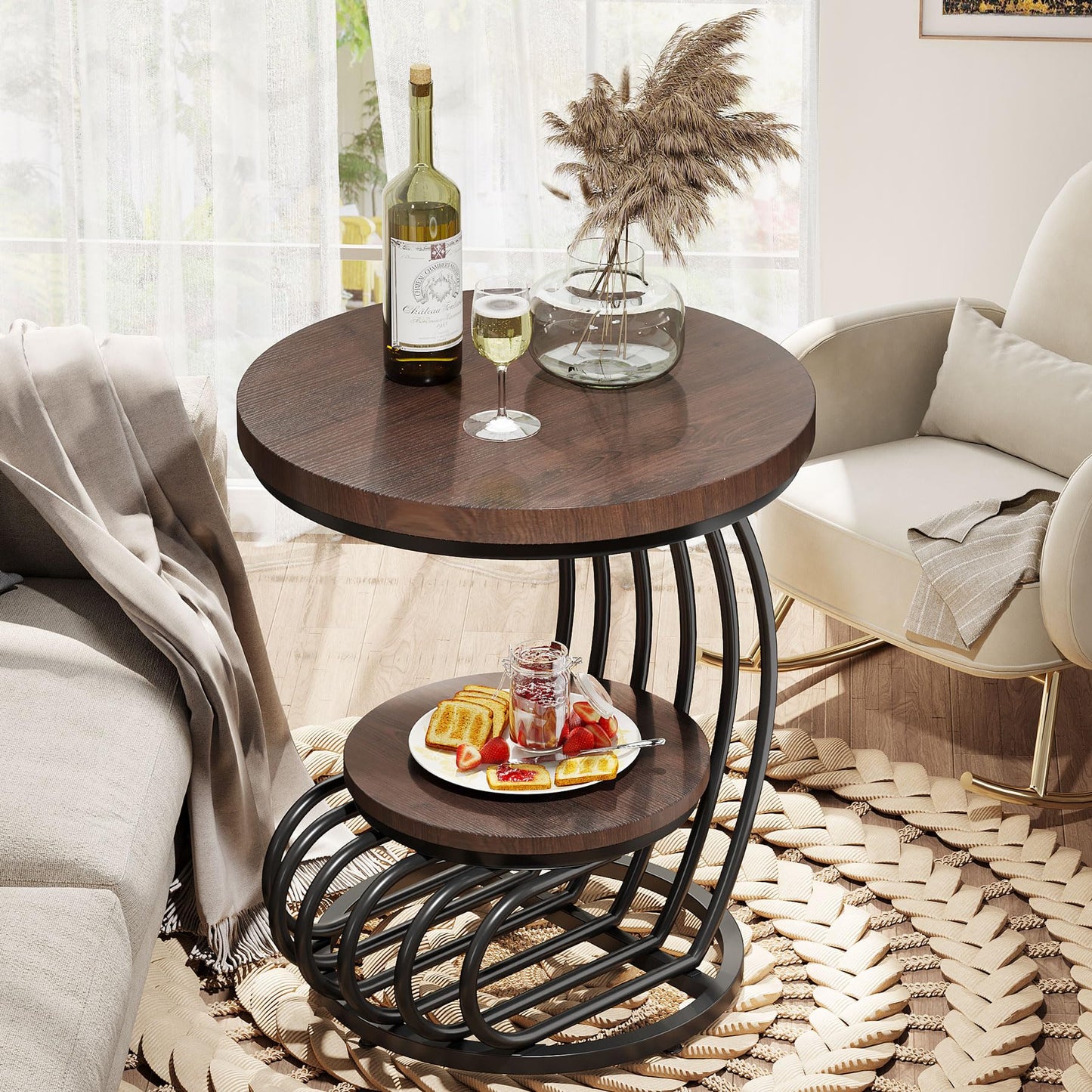 Tribesigns Round End Side Table: Side Table with 2 Tiers Storage Shelves, Vintage End Table for Living Room, Small Bedside Table Accent Table with Arc-Shaped Frame, Light Brown